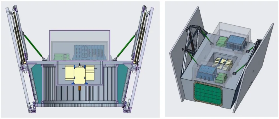 3D CAD model of a mechanical a embly with two view . The left view  how  the front  ide with  tructural component ,  upport rod , and internal machinery. The right view provide  a top-down per pective, revealing the arrangement of equipment in ide a container-like  tructure, including multiple boxe  and panel  connected by green  upport rod .