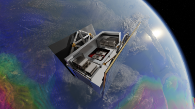 The image depicts a the GRATTIS spacecraft in orbit above the Earth. The satellite has an open compartment, showcasing part of its payload. The Earth below is partially visible, with a vibrant, multicolored overlay representing geoid data visualization of the gravitational measurement.