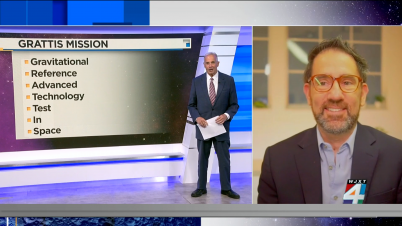 The image shows a news segment from WJXT Channel 4, featuring the GRATTIS mission. On the left side of the screen, there is a title card with the headline "GRATTIS MISSION" and a list of what the acronym stands for: Gravitational Reference Advanced Technology Test In Space A news anchor is standing next to the title card, holding papers and wearing a dark suit with a striped tie. On the right side of the screen, there is a split-screen view showing John Conklin with glasses and a beard, dressed in a suit jacket over a light blue shirt, smiling as he speaks. The background of the title card has a space-themed design with stars.